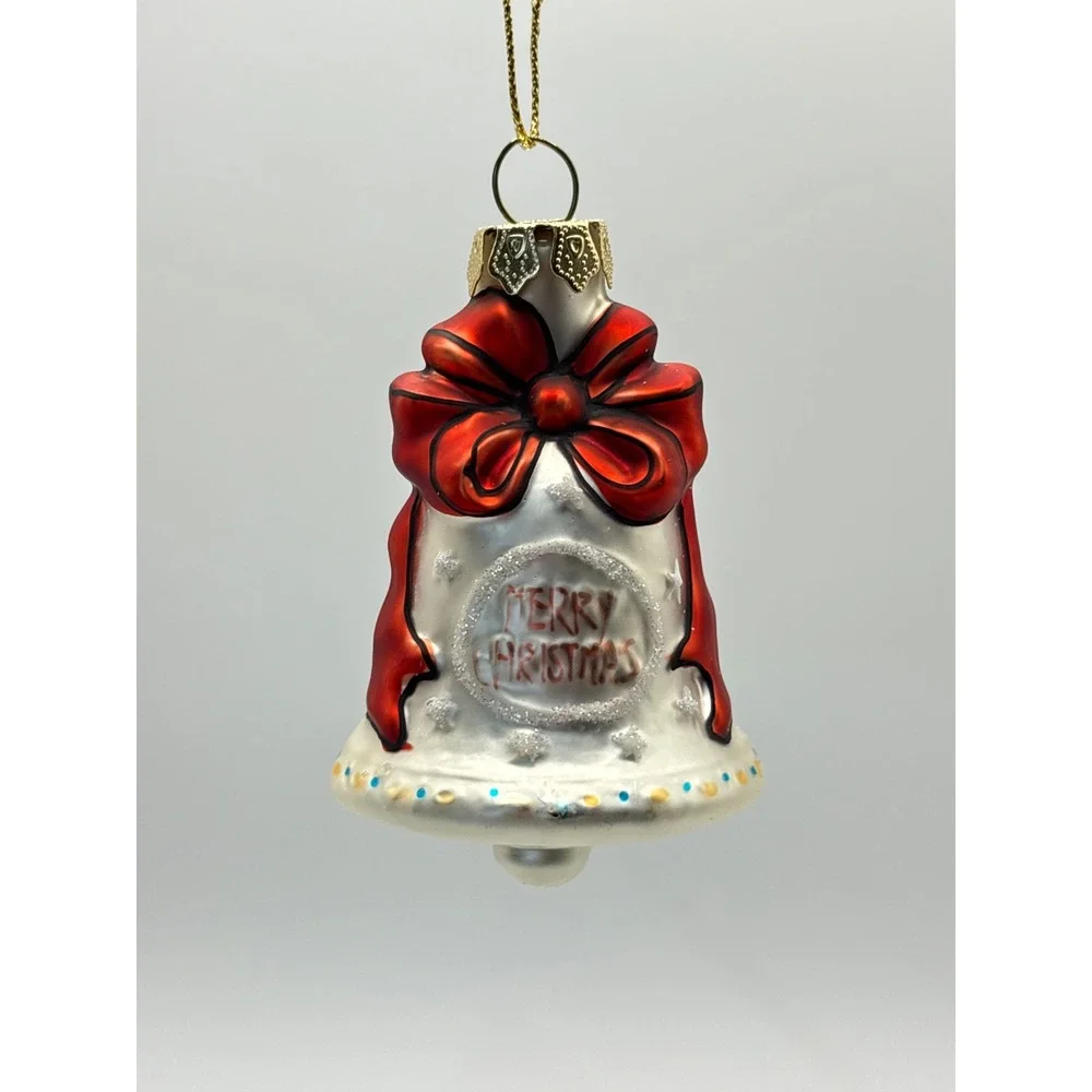 Vintage Hand Blown Mercury Glass Santa Bell Ornament Merry Christmas Glitter